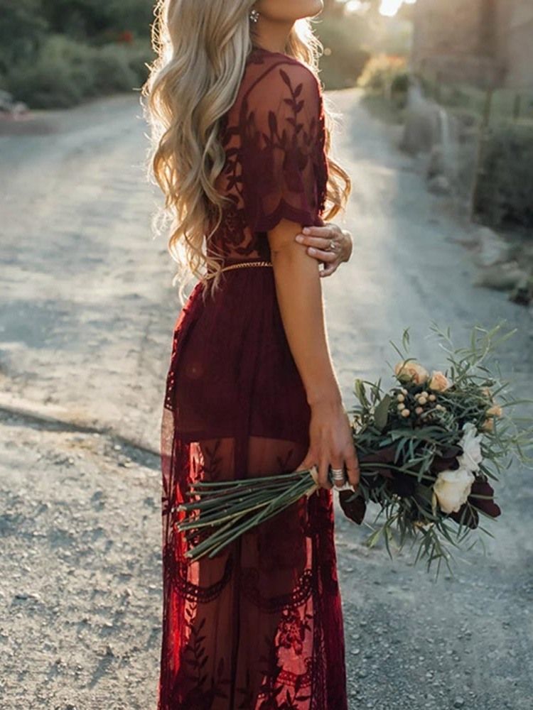 Vestido Feminino Transparente De Manga Curta De Renda Na Altura Do Tornozelo Com Decote Em V