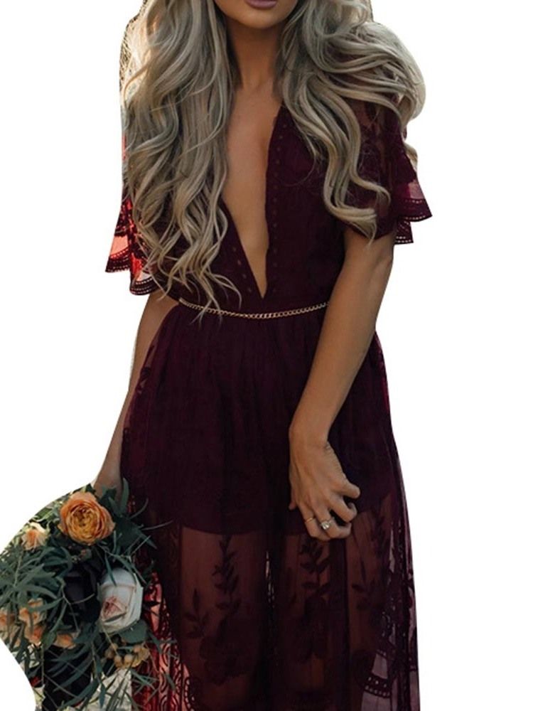 Vestido Feminino Transparente De Manga Curta De Renda Na Altura Do Tornozelo Com Decote Em V