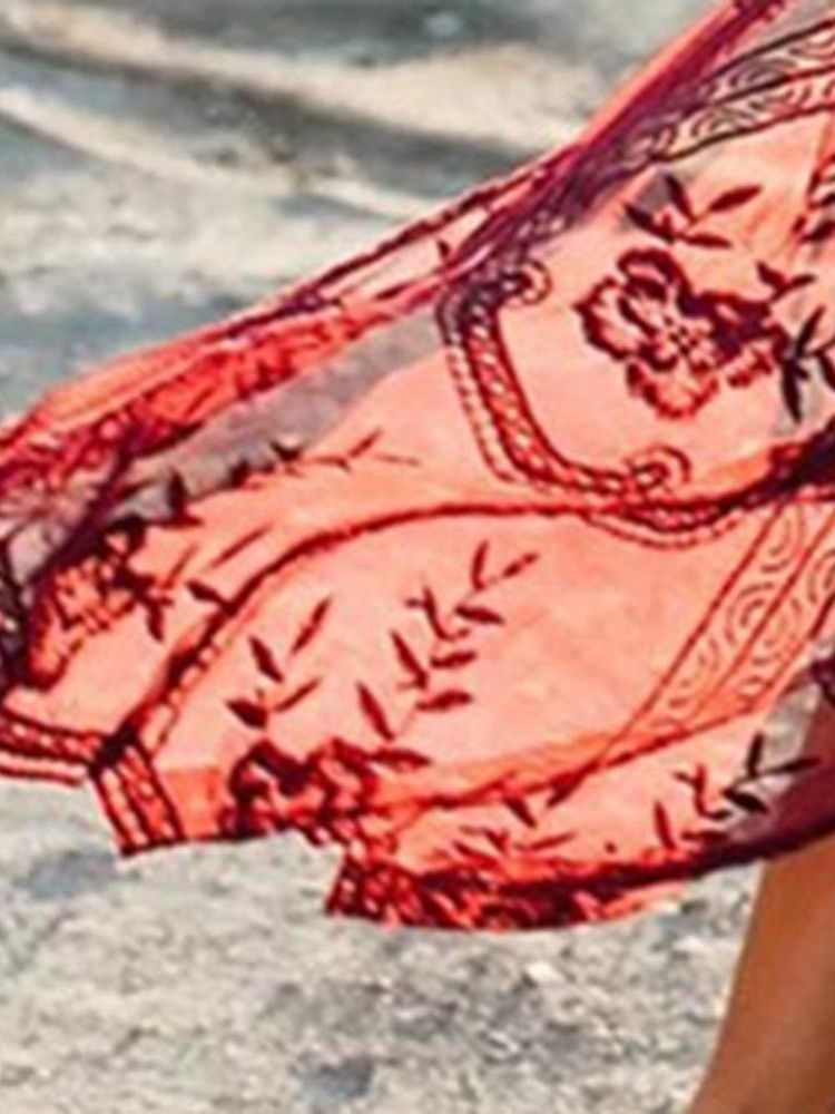 Vestido Feminino Transparente De Manga Curta De Renda Na Altura Do Tornozelo Com Decote Em V