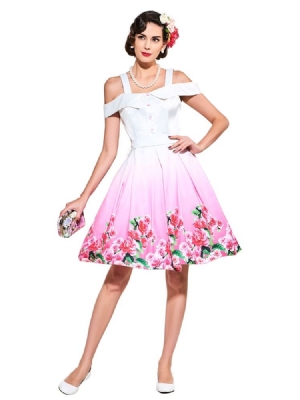 Vestido Feminino Vintage Sem Mangas Estampado Em Linha A