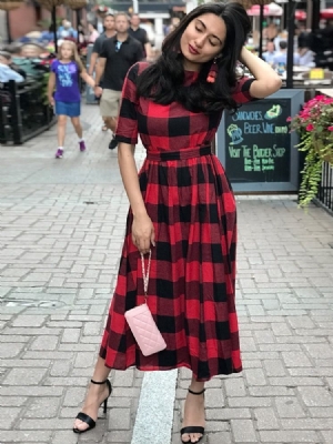 Vestido Feminino Xadrez Casual Cor Bloco Meia Manga Na Altura Do Tornozelo