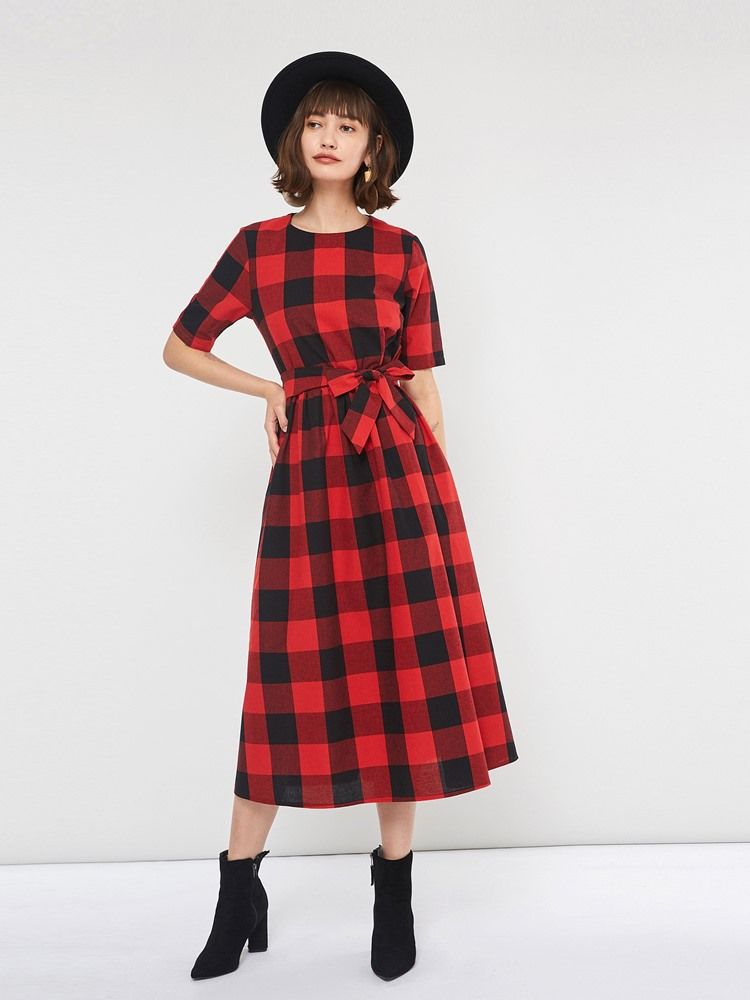 Vestido Feminino Xadrez Casual Cor Bloco Meia Manga Na Altura Do Tornozelo