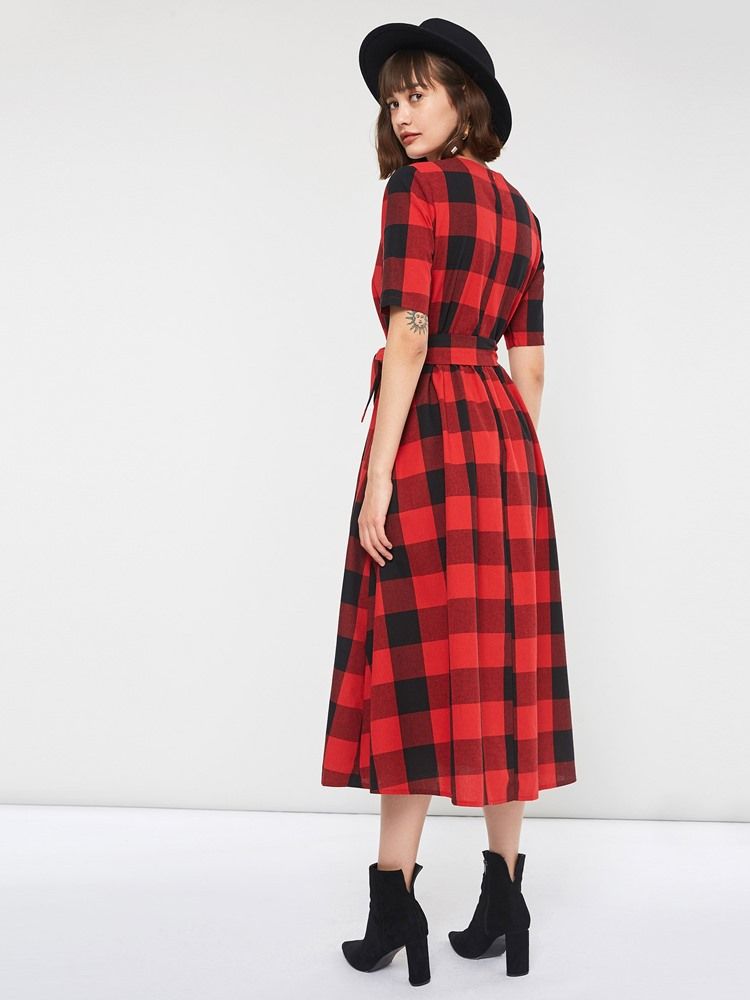 Vestido Feminino Xadrez Casual Cor Bloco Meia Manga Na Altura Do Tornozelo