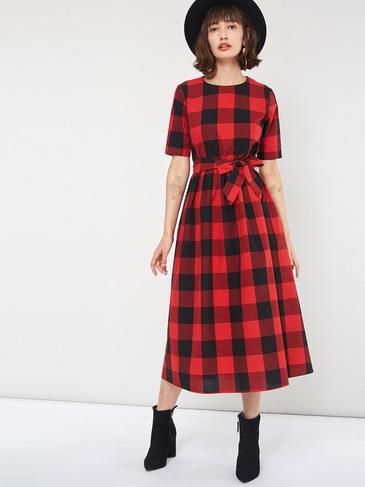 Vestido Feminino Xadrez Casual Cor Bloco Meia Manga Na Altura Do Tornozelo