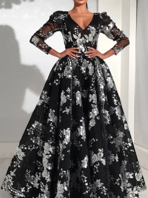Vestido De Festa Feminino Com Decote Em V Longo Manga Comprida Transparente