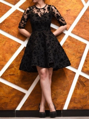 Vestido De Festa Feminino Transparente Com Gola Redonda E Meia Manga