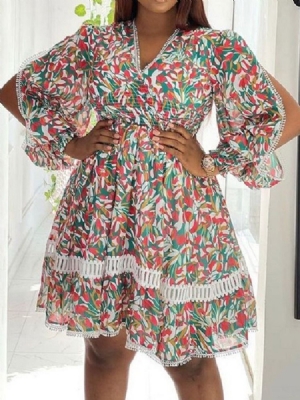 Vestido Floral Feminino Com Estampa De Manga Comprida Com Decote Em V Estilo Pulôver