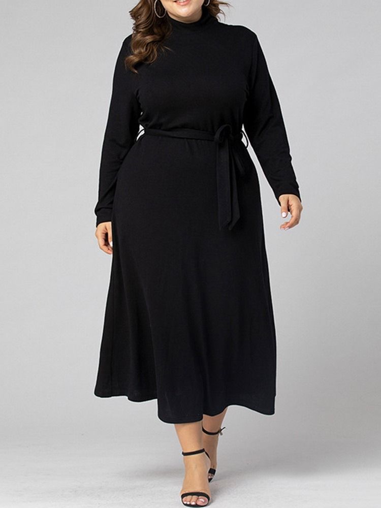 Vestido Longo Feminino Com Renda Na Panturrilha E Manga Comprida Em Linha A