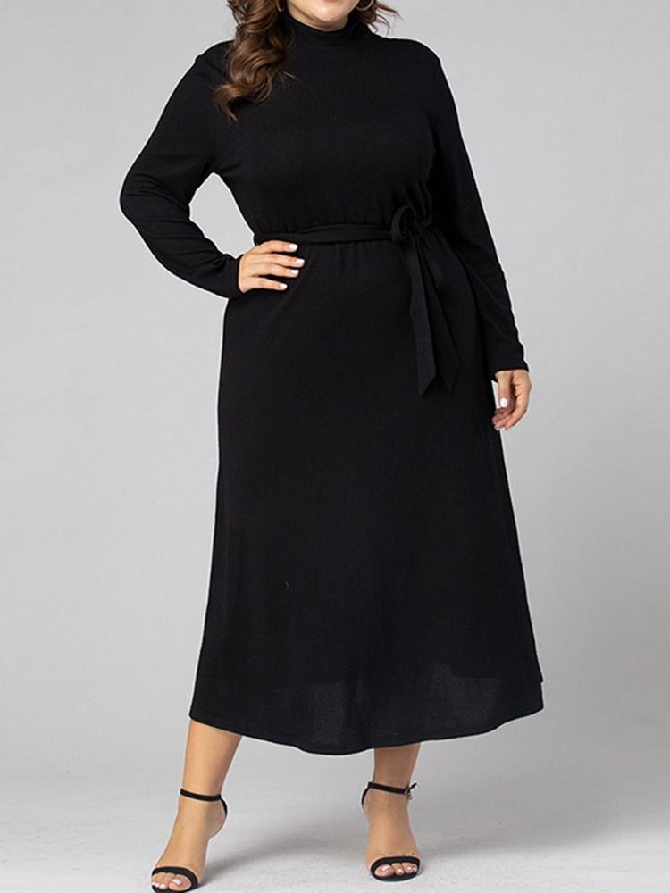 Vestido Longo Feminino Com Renda Na Panturrilha E Manga Comprida Em Linha A