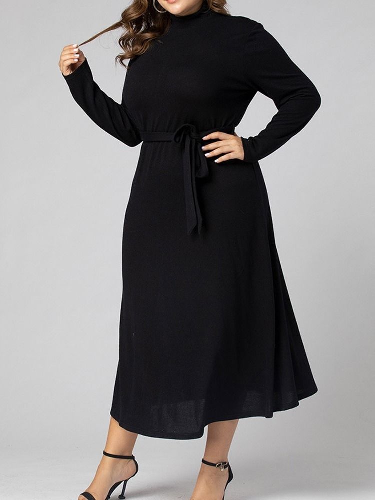 Vestido Longo Feminino Com Renda Na Panturrilha E Manga Comprida Em Linha A