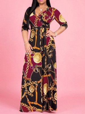 Vestido Longo Feminino Em Patchwork De Mangas De Três Quartos Até O Chão