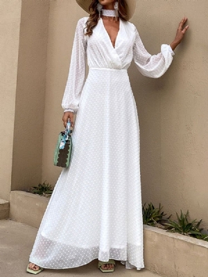 Vestido Longo Feminino De Manga Comprida Até O Chão Com Decote Em V E Cintura Alta.