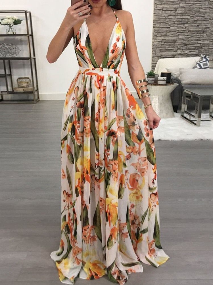Vestido Longo Floral Com Decote Em V Sem Encosto Até O Chão Vestido Longo Floral Vestidos De Praia Para Mulheres