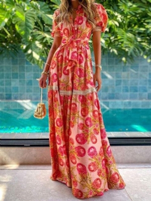 Vestido Longo Floral De Mangas Curtas Patchwork Linha A Até O Chão Vestidos De Praia Para Mulheres