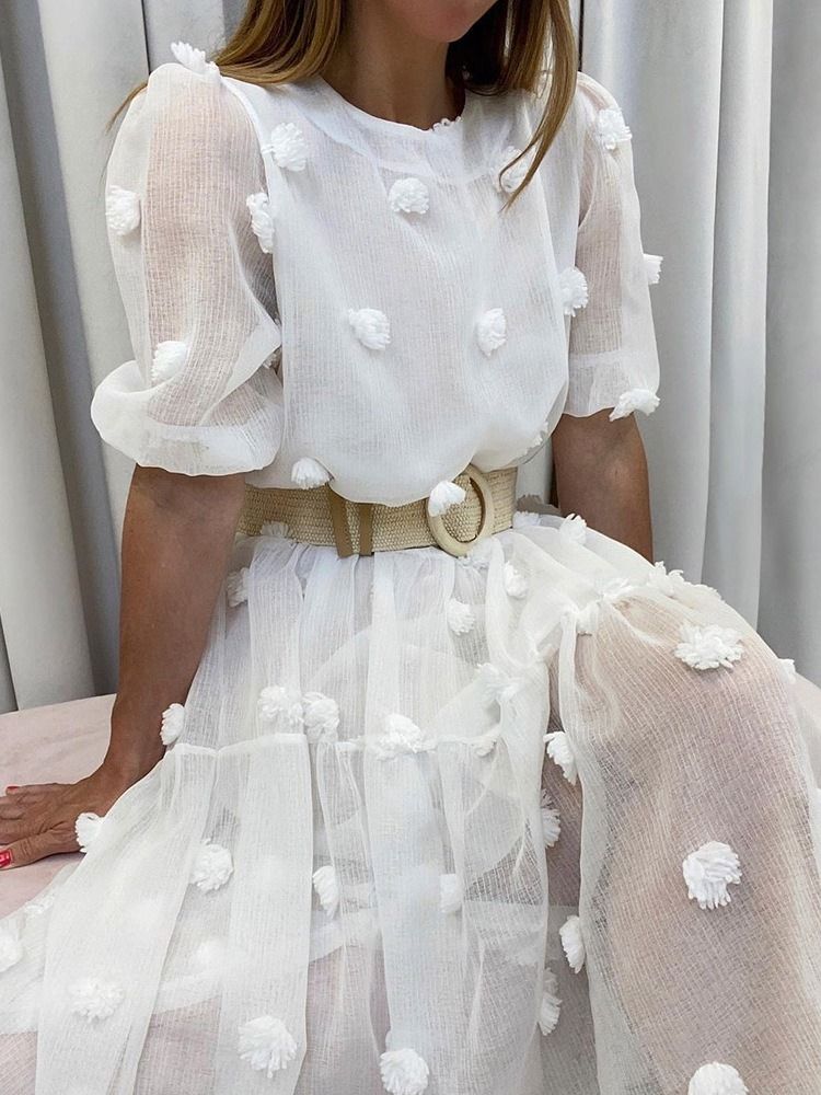 Vestido Maxi Feminino Malha Meia Panturrilha Manga Curta Pulôver Doce