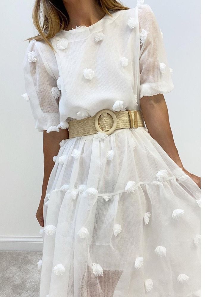 Vestido Maxi Feminino Malha Meia Panturrilha Manga Curta Pulôver Doce