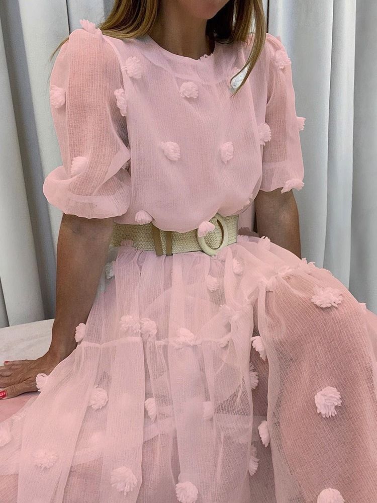 Vestido Maxi Feminino Malha Meia Panturrilha Manga Curta Pulôver Doce