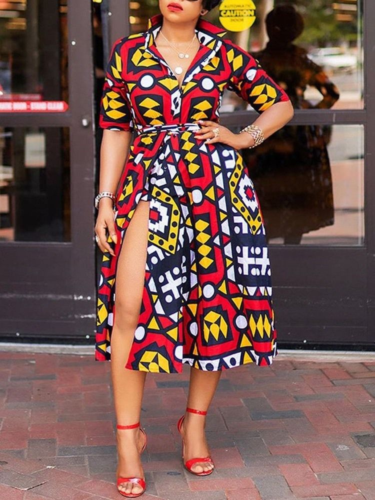 Vestido Normal Feminino De Lapela Com Meia Canela Manga Três Quartos Meia-canela