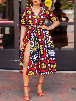 Vestido Normal Feminino De Lapela Com Meia Canela Manga Três Quartos Meia-canela