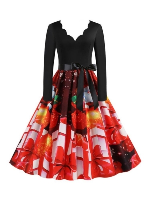 Vestido De Outono Feminino Com Estampa De Natal Com Decote Em V Manga Comprida De Desenho Animado