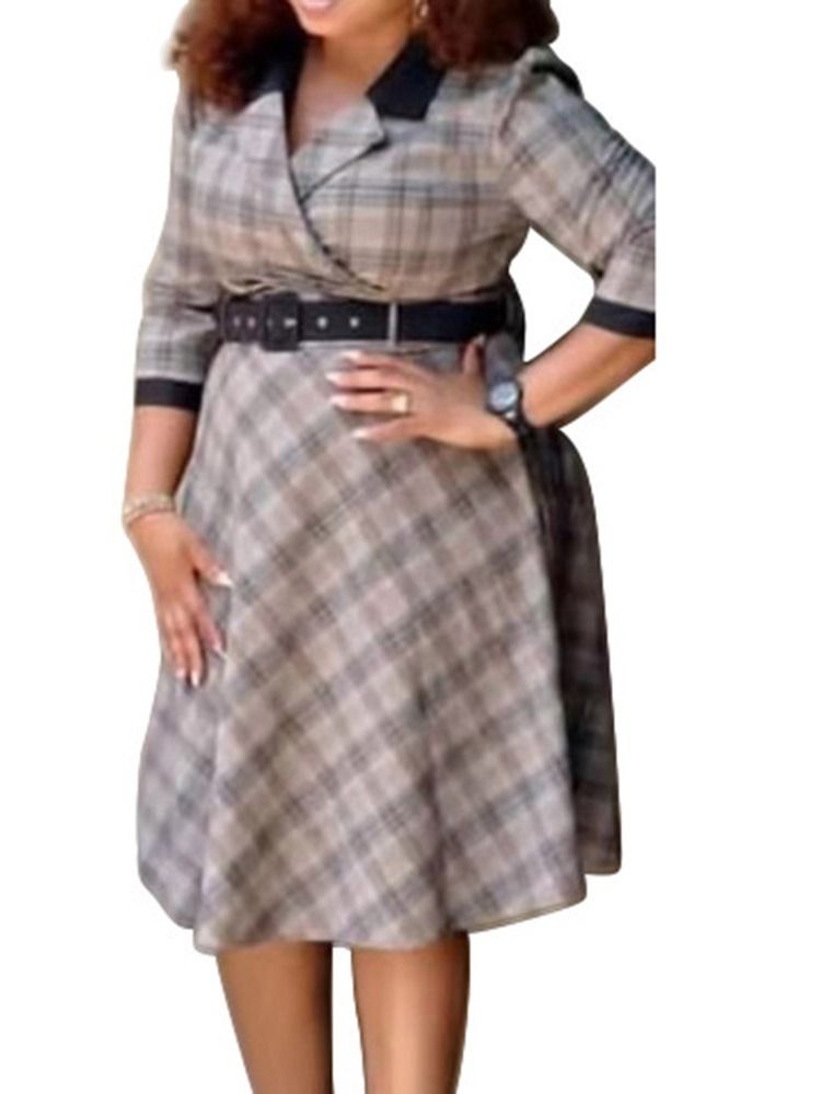 Vestido De Outono Feminino Em Patchwork De Mangas Três Quartos Com Panturrilha Média Ocidental