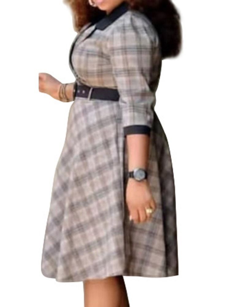 Vestido De Outono Feminino Em Patchwork De Mangas Três Quartos Com Panturrilha Média Ocidental