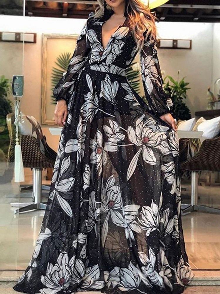 Vestido De Outono Feminino Longo Com Decote Em V Transparente