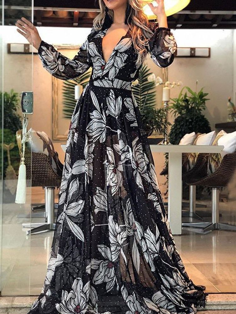 Vestido De Outono Feminino Longo Com Decote Em V Transparente