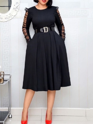 Vestido De Pulôver Feminino De Manga Comprida Canela Média Decote Redondo Bolinhas