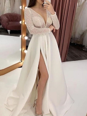 Vestido Regular Feminino Transparente De Manga Comprida Até O Chão