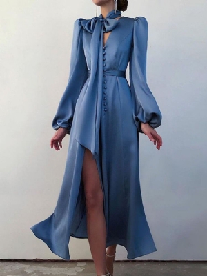 Vestido Simples Feminino De Manga Longa Com Decote Em V