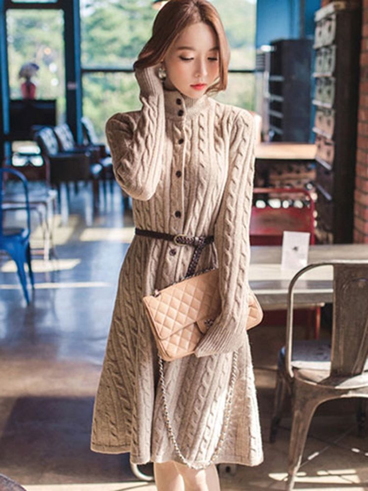 Vestido Suéter Liso Feminino Gola Alta Com Decote Único
