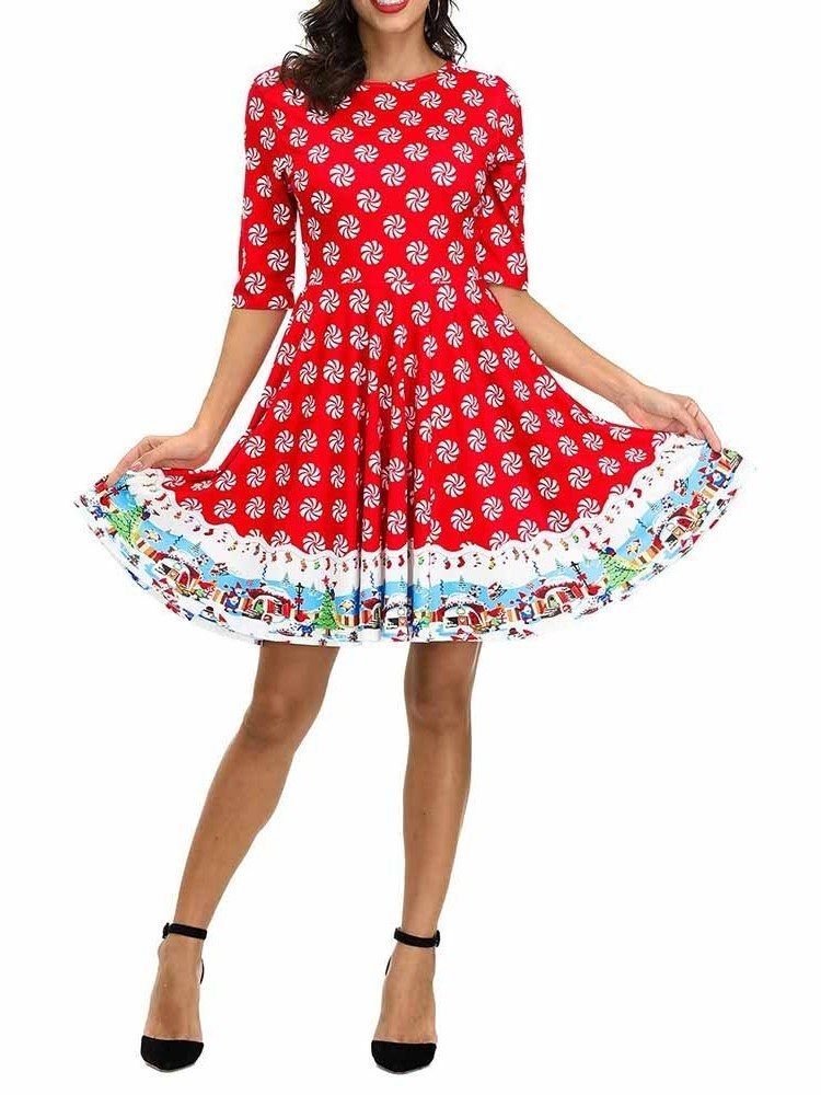 Vestido De Verão Feminino Com Estampa De Gola Redonda E Manga Curta