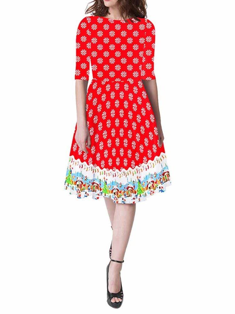 Vestido De Verão Feminino Com Estampa De Gola Redonda E Manga Curta
