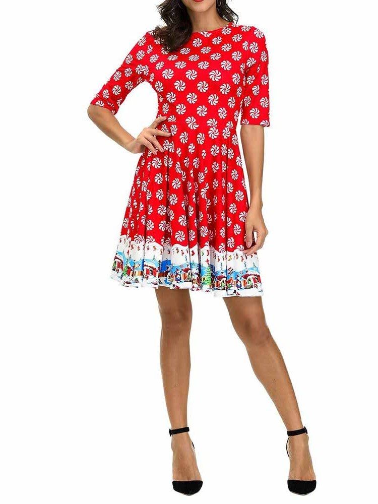 Vestido De Verão Feminino Com Estampa De Gola Redonda E Manga Curta