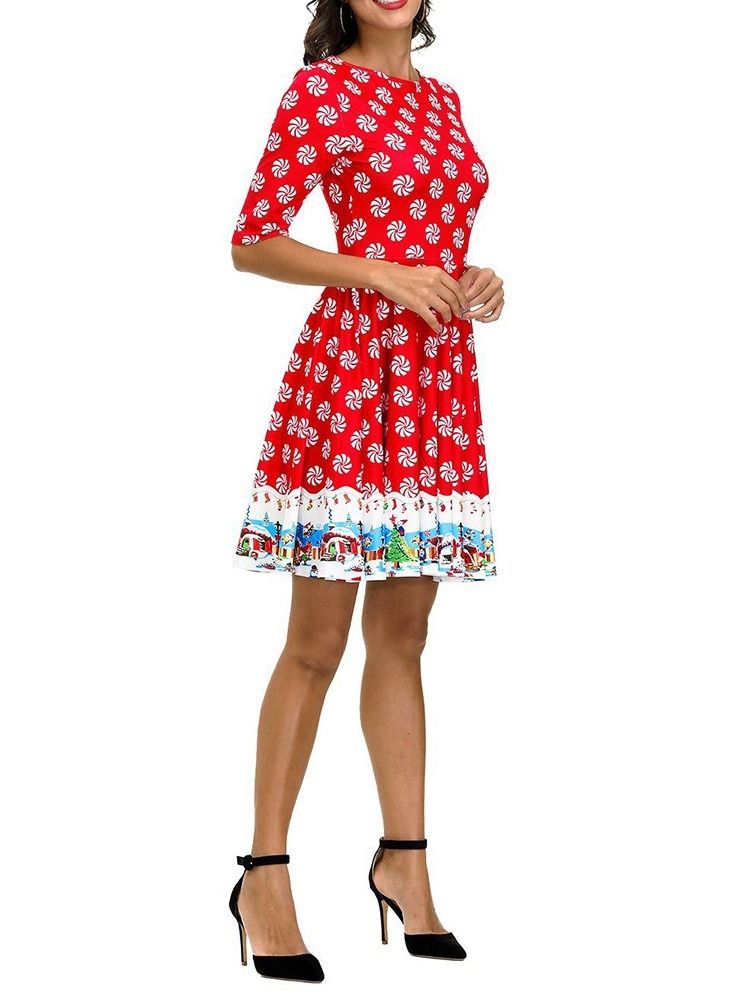 Vestido De Verão Feminino Com Estampa De Gola Redonda E Manga Curta