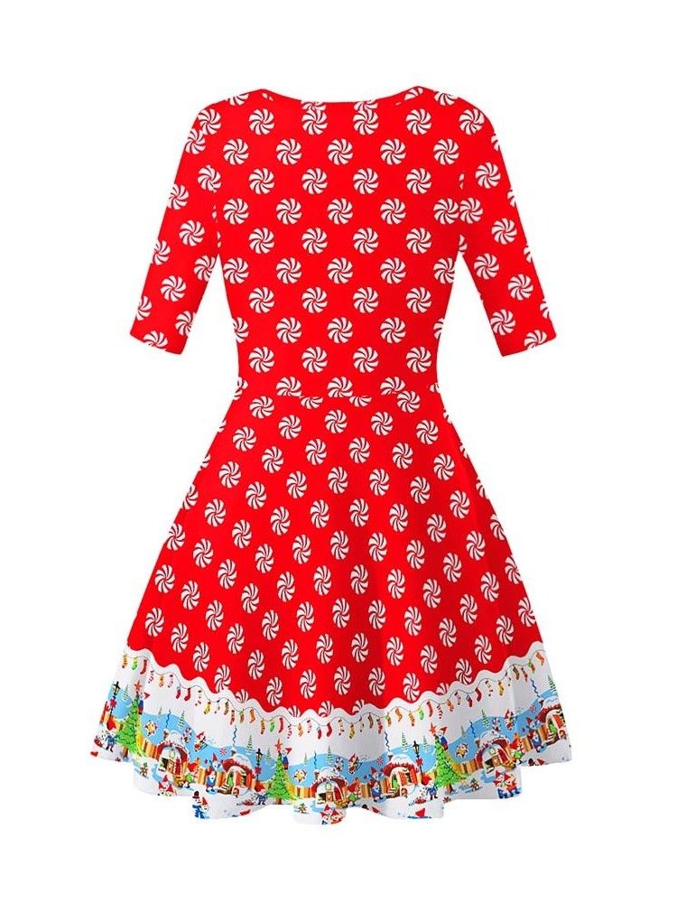Vestido De Verão Feminino Com Estampa De Gola Redonda E Manga Curta