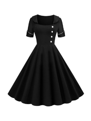 Vestido De Verão Feminino De Manga Curta Quadrada Decote Médio Panturrilha Preto