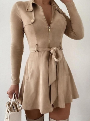 Zíper Acima Do Joelho Manga Comprida Vestido Feminino Liso Regular