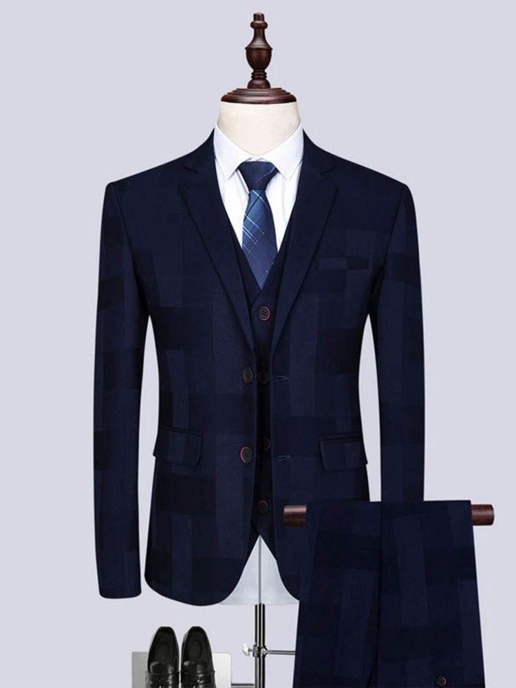 Blazer De Peito Único Xadrez Calça Colete Homem Terno Casual
