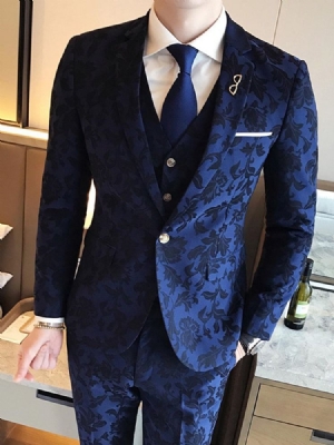 Lapela Slim Fit Print Poliéster Três Peças De Ternos Masculinos