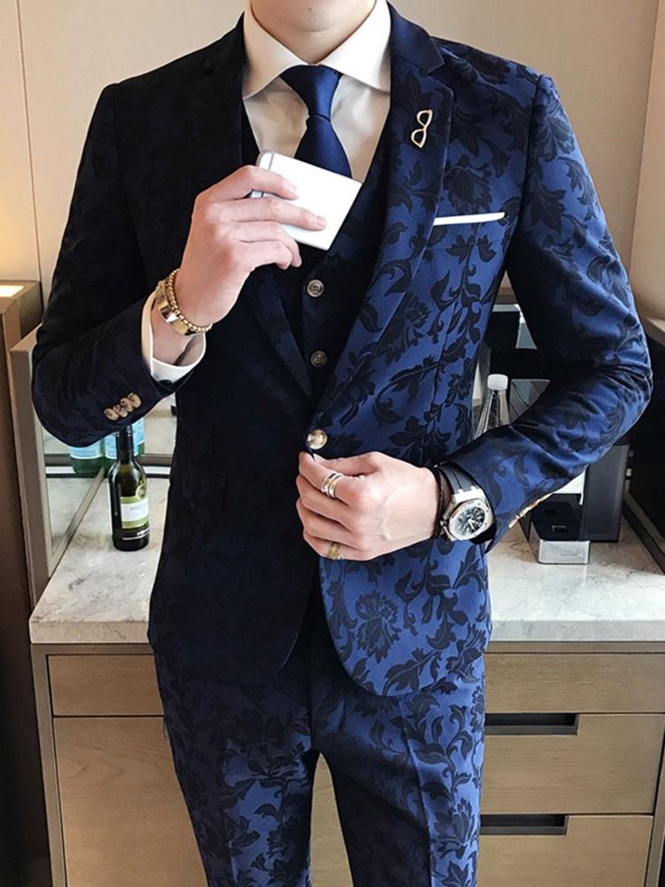 Lapela Slim Fit Print Poliéster Três Peças De Ternos Masculinos