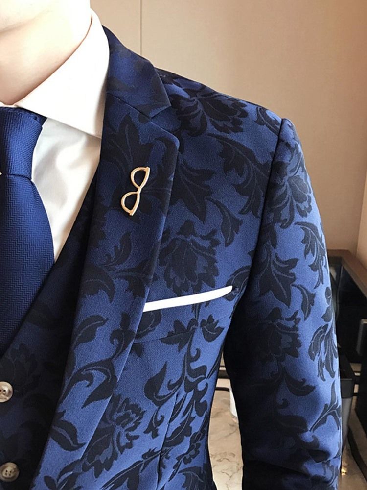 Lapela Slim Fit Print Poliéster Três Peças De Ternos Masculinos