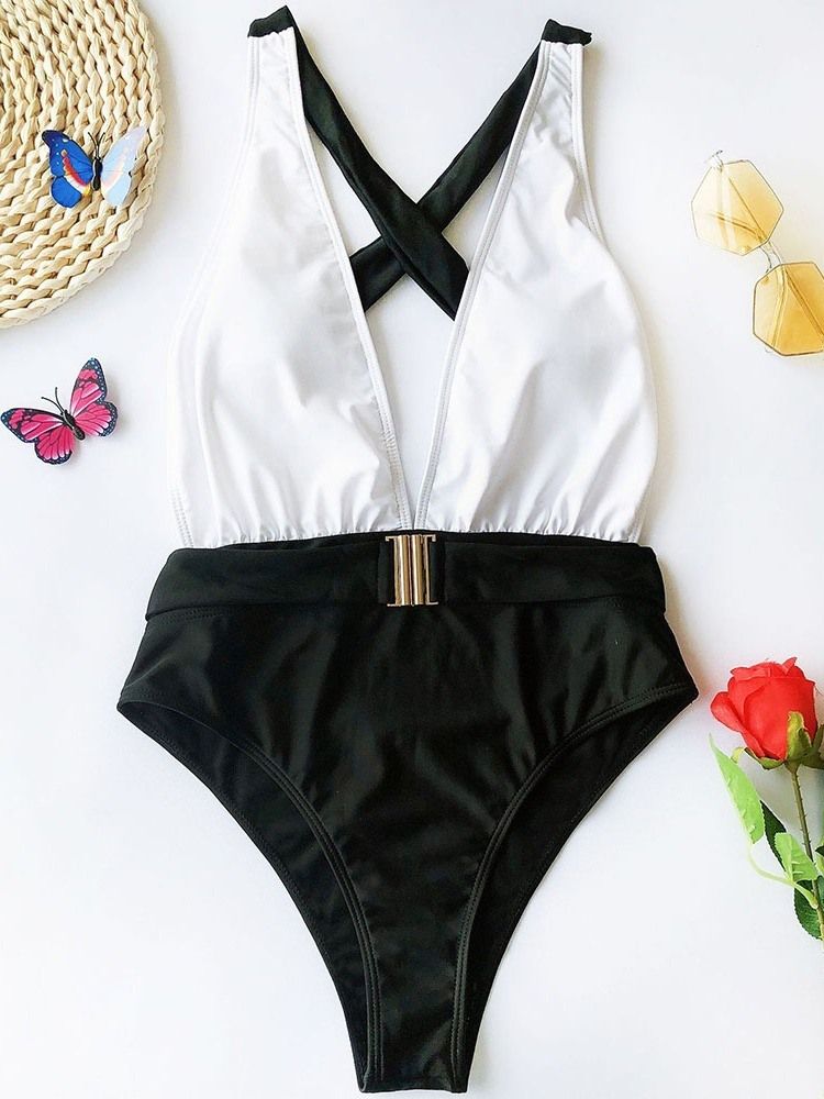 Bloco De Cores Sexy Roupa De Banho Feminina De Uma Peça