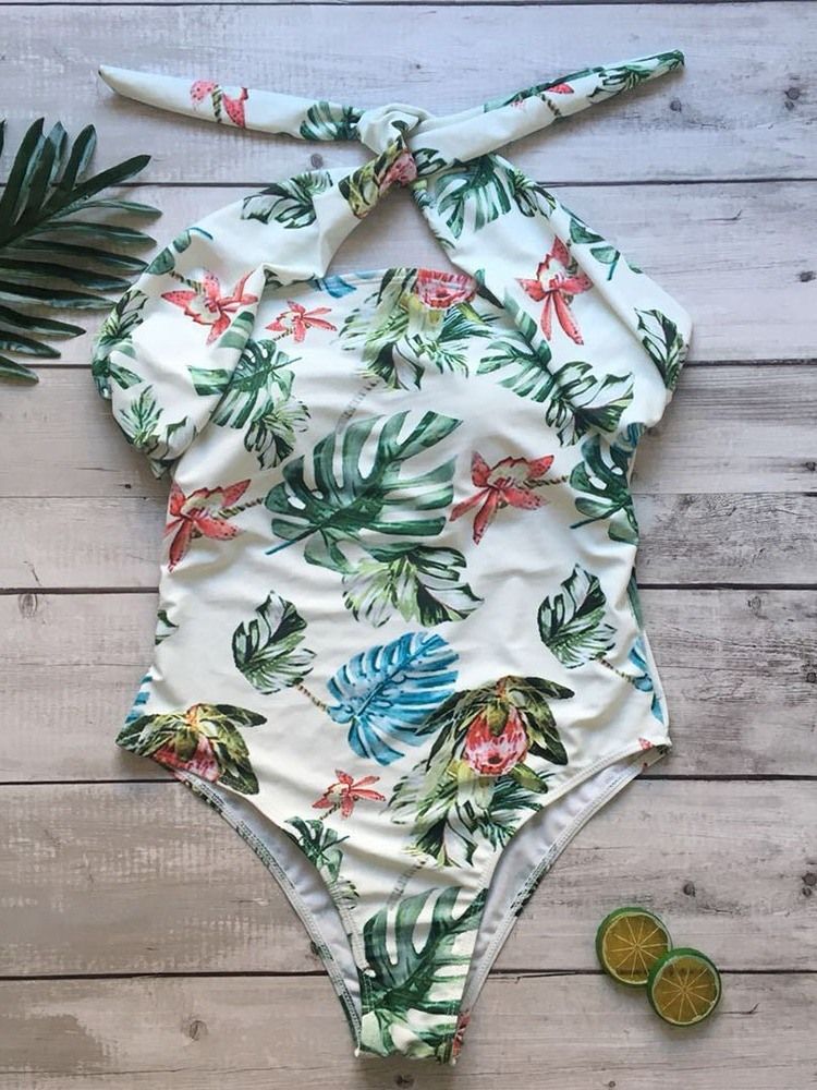 Estampa Feminina De Cor Vegetal Em Bloco Com Cadarços De Banho Sexy