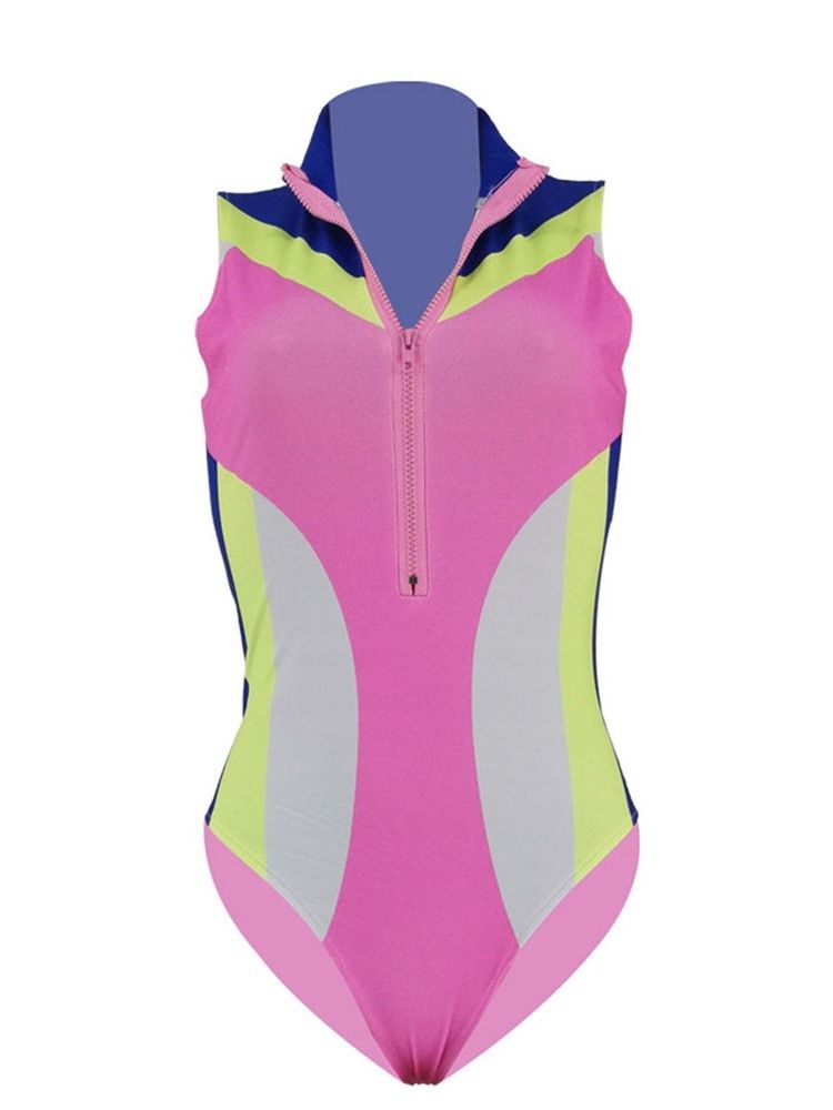 Roupa De Banho Elástica Com Zíper Com Bloco De Cores Feminino