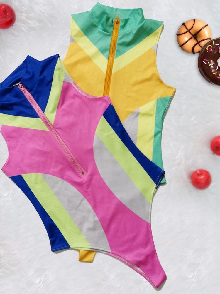 Roupa De Banho Elástica Com Zíper Com Bloco De Cores Feminino