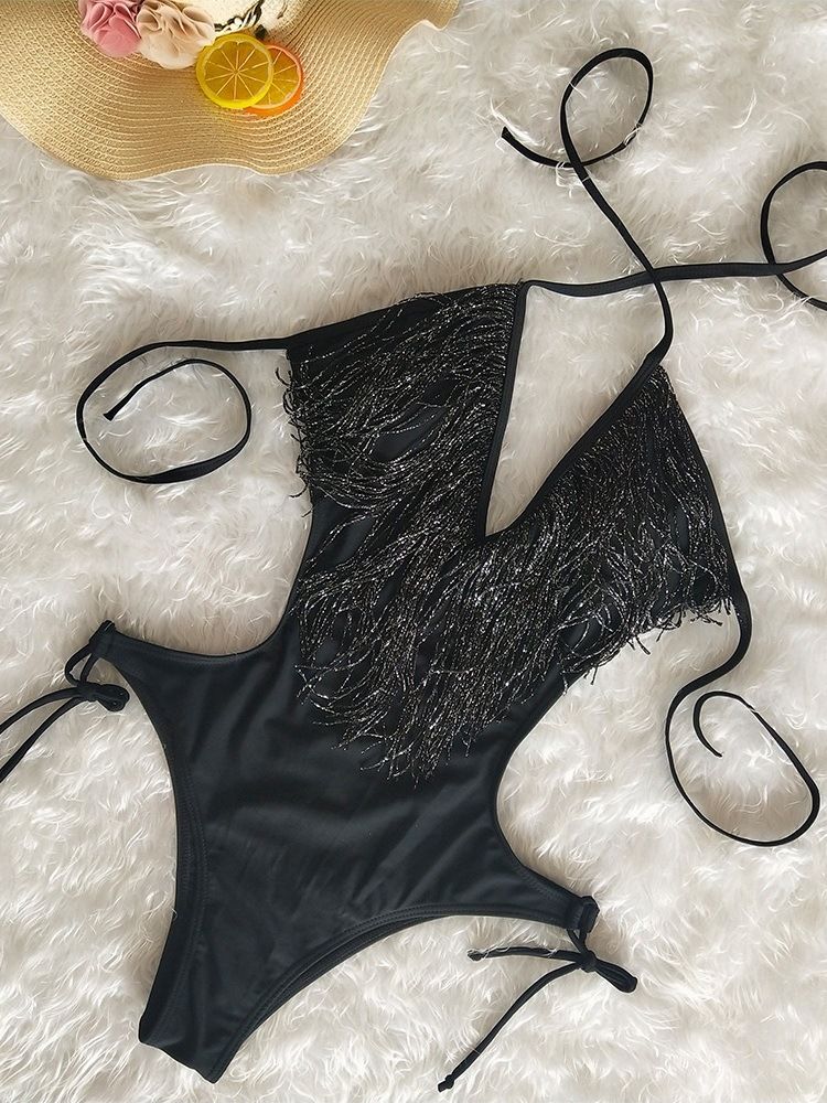 Traje De Banho Feminino Liso De Uma Peça Com Borla
