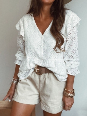 Blusa De Botão Simples Com Decote Em V Padrão Manga Três Quartos Feminina