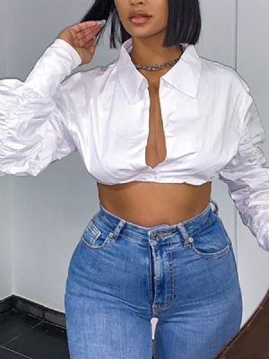 Blusa Branca Feminina De Lapela Lisa Plissada Manga Longa Curta